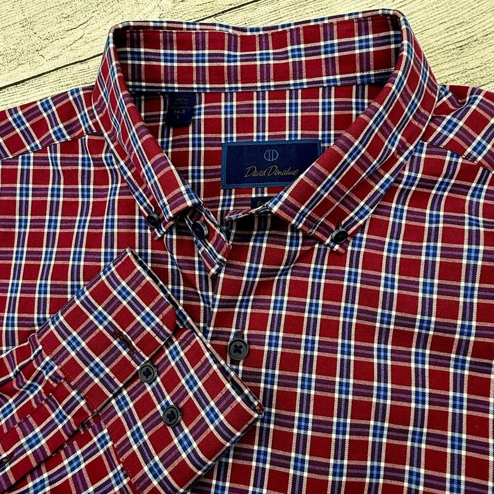 David Donahue Shirt Mens 16.5 L Blue Red Plaid Fusion Long Sleeve Button Up